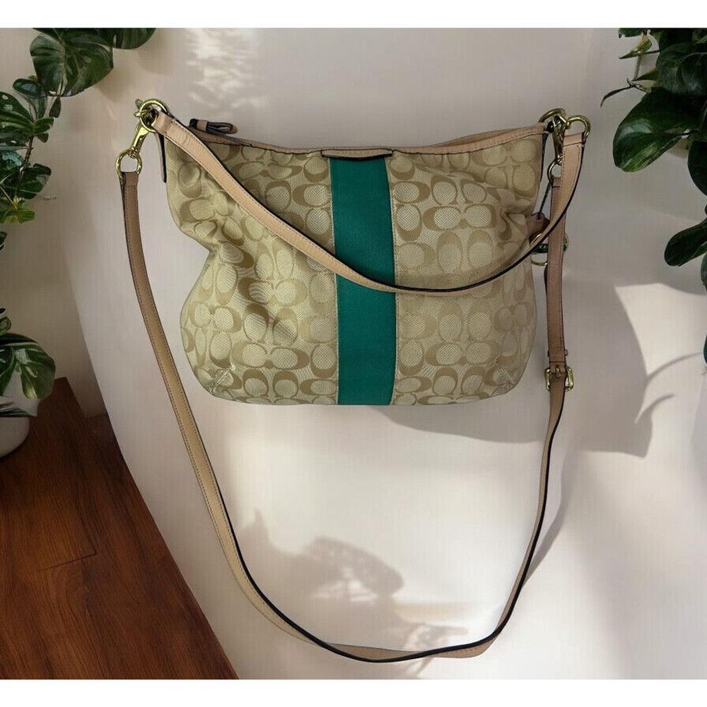 COACH Convertible Hobo Shoulder Bag Crossbody Tan Green Stripe Purse F29941 - Picture 15 of 16